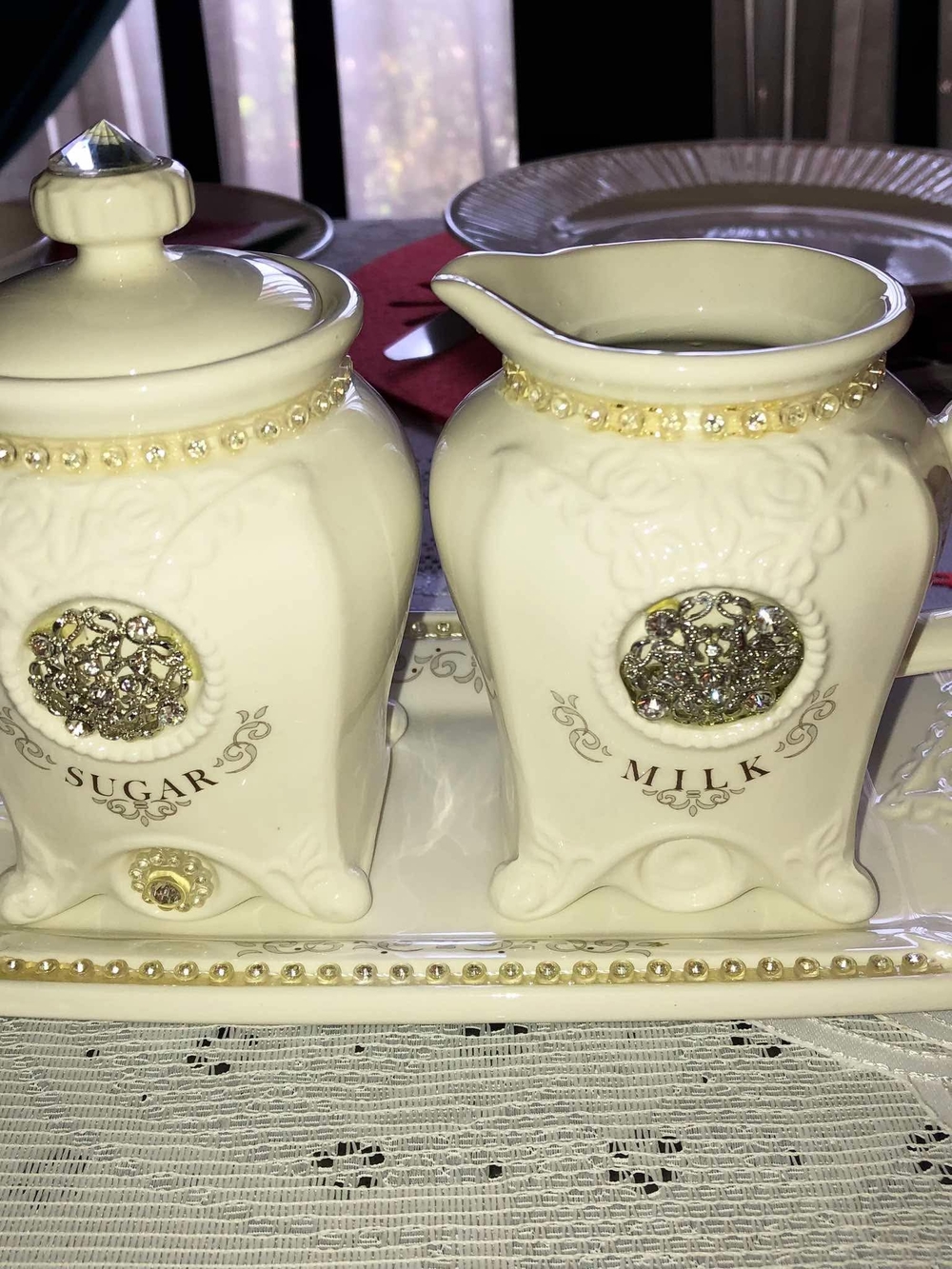 Cream Decorative Sugar and Milk Set with Gold Accents